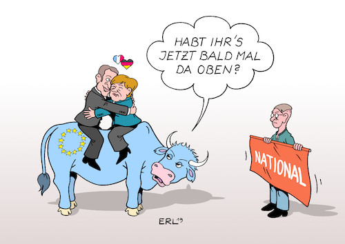 Cartoon: Deutschland Frankreich EU (medium) by Erl tagged politik,deutschland,frankreich,freundschaft,vertrag,freundschaftsvertrag,aachen,bundeskanzlerin,angela,merkel,präsident,emmanuel,macron,stärkung,eu,europa,stier,bedrohung,rechtspopulismus,nationalismus,rassismus,stierkampf,karikatur,erl,politik,deutschland,frankreich,freundschaft,vertrag,freundschaftsvertrag,aachen,bundeskanzlerin,angela,merkel,präsident,emmanuel,macron,stärkung,eu,europa,stier,bedrohung,rechtspopulismus,nationalismus,rassismus,stierkampf,karikatur,erl