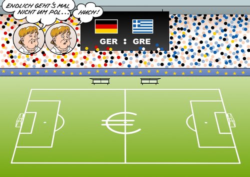 Cartoon: Deutschland Griechenland (medium) by Erl tagged spardiktat,sparkurs,sparen,rettungsschirm,krise,schulden,euro,politik,merkel,griechenland,deutschland,viertelfinale,europameisterschaft,em,fußball,fußball,em 2012,euro 2012,viertelfinale,deutschland,griechenland,merkel,rettungsschirm,em,2012,euro