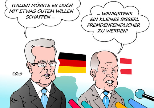 Cartoon: Deutschland Österreich Italien (medium) by Erl tagged eu,flüchtlinge,deutschland,österreich,italien,abschreckung,grenze,brenner,kontrollen,rechtsruck,fremdenfeindlichkeit,fpö,afd,rechtspopulismus,innenminister,de,maiziere,sobotka,karikatur,erl,eu,flüchtlinge,deutschland,österreich,italien,abschreckung,grenze,brenner,kontrollen,rechtsruck,fremdenfeindlichkeit,fpö,afd,rechtspopulismus,innenminister,de,maiziere,sobotka,karikatur,erl