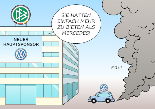 Cartoon: DFB VW (medium) by Erl tagged dfb,deutscher,fußballbund,verband,fußball,sport,sponsor,wechsel,daimler,ag,mercedes,volkswagen,vw,hauptsponsor,auto,konzern,dieselaffäre,dieselgate,software,manipulation,abgaswerte,abgastest,betrug,unkosten,entschädigung,karikatur,erl,dfb,deutscher,fußballbund,verband,fußball,sport,sponsor,wechsel,daimler,ag,mercedes,volkswagen,vw,hauptsponsor,auto,konzern,dieselaffäre,dieselgate,software,manipulation,abgaswerte,abgastest,betrug,unkosten,entschädigung,karikatur,erl