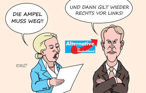 Cartoon: Die Ampel muss weg! (medium) by Erl tagged politik,umfragen,mehrheit,unzufrieden,regierung,koalition,ampel,spd,grüne,fdp,stimmen,verluste,gewinne,afd,rechtspopulismus,alice,weidel,rechtsextremismus,björn,höcke,verkehr,straßenverkehr,rechts,vor,links,vorfahrt,karikatur,erl,politik,umfragen,mehrheit,unzufrieden,regierung,koalition,ampel,spd,grüne,fdp,stimmen,verluste,gewinne,afd,rechtspopulismus,alice,weidel,rechtsextremismus,björn,höcke,verkehr,straßenverkehr,rechts,vor,links,vorfahrt,karikatur,erl