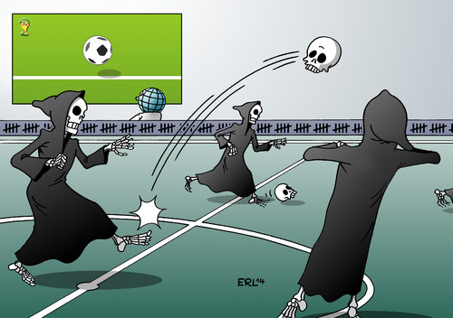 Cartoon: Die andere WM (medium) by Erl tagged fußball,weltmeisterschaft,brasilien,wm,krieg,bürgerkrieg,syrien,irak,ukraine,tod,totenkopf,schädel,welt,erde,fußball,weltmeisterschaft,brasilien,wm,krieg,bürgerkrieg,syrien,irak,ukraine,tod,totenkopf,schädel,welt,erde