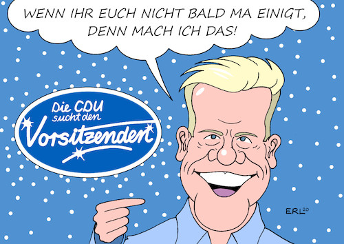 Cartoon: Die CDU sucht den Vorsitzenden (medium) by Erl tagged politik,cdu,rückzug,vorsitz,annegret,kramp,karrenbauer,akk,nachfolge,diskussion,kandidaten,merz,spahn,laschet,frage,söder,suche,dsds,deutschland,sucht,den,superstar,dieter,bohlen,karikatur,erl,politik,cdu,rückzug,vorsitz,annegret,kramp,karrenbauer,akk,nachfolge,diskussion,kandidaten,merz,spahn,laschet,frage,söder,suche,dsds,deutschland,sucht,den,superstar,dieter,bohlen,karikatur,erl