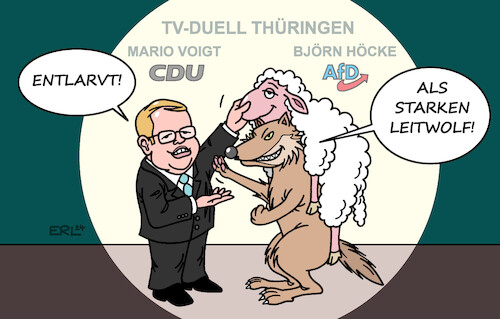 Cartoon: Die einen sagen so ... (medium) by Erl tagged politik,wahl,landtagswahl,thüringen,wahlkampf,tv,duell,mario,voigt,cdu,björn,höcke,afd,faschist,rechtsextremist,wolf,im,schafspelz,inhalt,stellen,entlarven,wähler,zielgruppe,karikatur,erl,politik,wahl,landtagswahl,thüringen,wahlkampf,tv,duell,mario,voigt,cdu,björn,höcke,afd,faschist,rechtsextremist,wolf,im,schafspelz,inhalt,stellen,entlarven,wähler,zielgruppe,karikatur,erl