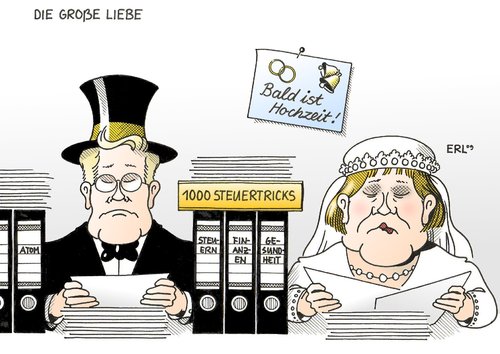 Cartoon: Die große Liebe (medium) by Erl tagged union,cdu,csu,fdp,köalition,hochzeit,kleinkrämer,finanzen,steuern,tricks,liebe,union,cdu,csu,fdp,köalition,hochzeit,kleinkrämer,finanzen,steuern,tricks,liebe,angela merkel,guido westerwelle,angela,merkel,guido,westerwelle