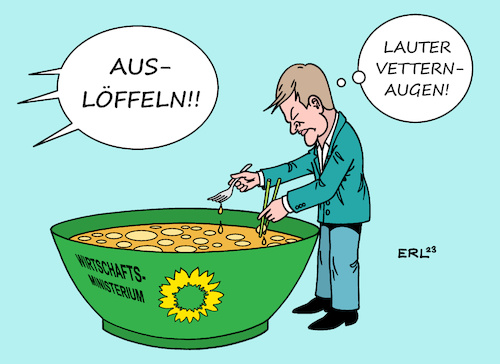 Cartoon: Die Rufe werden lauter (medium) by Erl tagged politik,wirtschaftsministerium,wirtschaftsminister,robert,habeck,grüne,staatssekretär,patrick,graichen,verwandschaft,freundschaft,trauzeuge,verdacht,vetternwirtschaft,suppe,auslöffeln,karikatur,erl,politik,wirtschaftsministerium,wirtschaftsminister,robert,habeck,grüne,staatssekretär,patrick,graichen,verwandschaft,freundschaft,trauzeuge,verdacht,vetternwirtschaft,suppe,auslöffeln,karikatur,erl