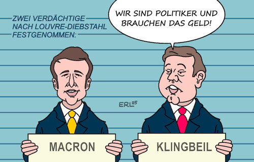 Cartoon: Die üblichen Verdächtigen (medium) by Erl tagged politik,kriminalität,raub,diebstahl,louvre,verdächtige,geldmangel,politiker,macron,klingbeil,karikatur,erl,politik,kriminalität,raub,diebstahl,louvre,verdächtige,geldmangel,politiker,macron,klingbeil,karikatur,erl