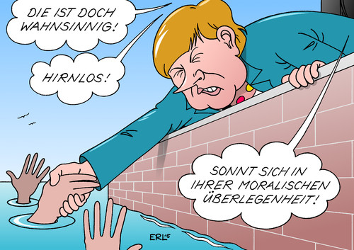 Cartoon: Diese Merkel! (medium) by Erl tagged flüchtlinge,europa,deutschland,willkommen,bundeskanzlerin,angela,merkel,kritik,kritiker,plan,chaos,überforderung,profilierung,moral,überlegenheit,wasser,ertrinken,lebensrettung,notfall,karikatur,erl,flüchtlinge,europa,deutschland,willkommen,bundeskanzlerin,angela,merkel,kritik,kritiker,plan,chaos,überforderung,profilierung,moral,überlegenheit,wasser,ertrinken,lebensrettung,notfall,karikatur,erl