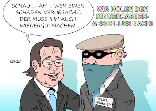 Cartoon: Dieselnachrüstung (medium) by Erl tagged politik,wirtschaft,industrie,autoindustrie,diesel,dieselskandal,betrug,abgastest,software,manipulation,abgaswerte,auto,autohersteller,weigerung,nachrüstung,hardware,druck,verkehrsminister,andreas,scheuer,csu,landtagswahlen,bayern,hessen,wähler,fahrverbote,ethik,moral,kindergarten,dieselbetrüger,karikatur,erl,politik,wirtschaft,industrie,autoindustrie,diesel,dieselskandal,betrug,abgastest,software,manipulation,abgaswerte,auto,autohersteller,weigerung,nachrüstung,hardware,druck,verkehrsminister,andreas,scheuer,csu,landtagswahlen,bayern,hessen,wähler,fahrverbote,ethik,moral,kindergarten,dieselbetrüger,karikatur,erl