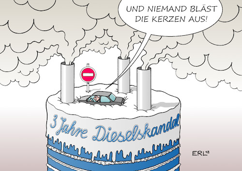 Cartoon: Dieselskandal (medium) by Erl tagged politik,wirtschaft,industrie,autoindustrie,deutschland,automobilindustrie,autobauer,vw,volkswagen,audi,dieselskandal,diesel,abgastest,manipulation,software,abgaswerte,betrug,autofahrer,schaden,fahrverbot,wertverlust,umwelt,gefahr,gesundheit,drei,jahre,geburtstagstorte,auspuff,kerzen,ausblasen,karikatur,erl,politik,wirtschaft,industrie,autoindustrie,deutschland,automobilindustrie,autobauer,vw,volkswagen,audi,dieselskandal,diesel,abgastest,manipulation,software,abgaswerte,betrug,autofahrer,schaden,fahrverbot,wertverlust,umwelt,gefahr,gesundheit,drei,jahre,geburtstagstorte,auspuff,kerzen,ausblasen,karikatur,erl