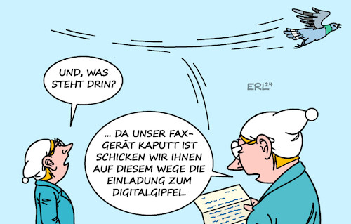 Cartoon: Digitalgipfel (medium) by Erl tagged politik,deutschland,digitalisierung,mangelhaft,fax,brieftaube,digitalgipfel,karikatur,erl,politik,deutschland,digitalisierung,mangelhaft,fax,brieftaube,digitalgipfel,karikatur,erl