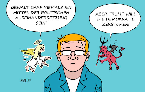 Cartoon: Dilemma (medium) by Erl tagged politik,demokratie,politische,ausenandersetzung,worte,gewaltfrei,gewalt,usa,wahlkampf,schüsse,donald,trump,expräsident,kandidat,wahl,präsidentschaft,präsidentschaftswahl,ethik,moral,dilemma,engel,teufel,stimmen,karikatur,erl,politik,demokratie,politische,ausenandersetzung,worte,gewaltfrei,gewalt,usa,wahlkampf,schüsse,donald,trump,expräsident,kandidat,wahl,präsidentschaft,präsidentschaftswahl,ethik,moral,dilemma,engel,teufel,stimmen,karikatur,erl