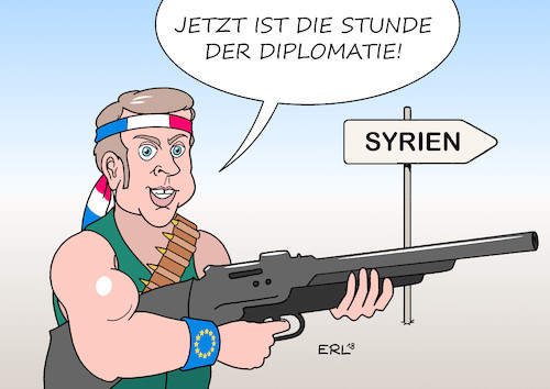 Cartoon: Diplomatie Syrien (medium) by Erl tagged politik,syrien,krieg,bürgerkrieg,stellvertreterkrieg,russland,usa,iran,türkei,saudi,arabien,diktator,assad,giftgas,zivilbevölkerung,rote,linie,antwort,großbritannien,frankreich,präsident,emmanuel,macron,rambo,initiative,diplomatie,verhandlungen,vermittlung,eu,karikatur,erl,politik,syrien,krieg,bürgerkrieg,stellvertreterkrieg,russland,usa,iran,türkei,saudi,arabien,diktator,assad,giftgas,zivilbevölkerung,rote,linie,antwort,großbritannien,frankreich,präsident,emmanuel,macron,rambo,initiative,diplomatie,verhandlungen,vermittlung,eu,karikatur,erl