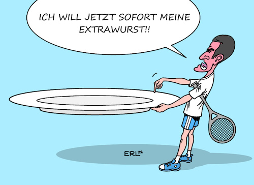 Cartoon: Djokovic (medium) by Erl tagged politik,sport,tennis,novak,djokovic,ungeimpft,corona,virus,pandemie,einreise,australien,ausnahme,genehmigung,widerruf,angaben,unwahr,extrawurst,egoismus,star,bevölkerung,lockdown,karikatur,erl,politik,sport,tennis,novak,djokovic,ungeimpft,corona,virus,pandemie,einreise,australien,ausnahme,genehmigung,widerruf,angaben,unwahr,extrawurst,egoismus,star,bevölkerung,lockdown,karikatur,erl