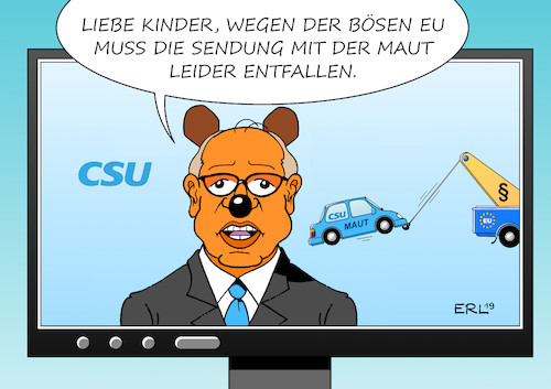 Cartoon: Dobrindt (medium) by Erl tagged politik,csu,wahlkampf,pkw,maut,ausländer,gesetz,eu,recht,unvereinbar,europäischer,gerichtshof,eugh,diskriminierung,alexander,dobrindt,verkehrsminister,die,sendung,mit,der,maus,fernsehen,kinder,abschleppwagen,karikatur,erl,politik,csu,wahlkampf,pkw,maut,ausländer,gesetz,eu,recht,unvereinbar,europäischer,gerichtshof,eugh,diskriminierung,alexander,dobrindt,verkehrsminister,die,sendung,mit,der,maus,fernsehen,kinder,abschleppwagen,karikatur,erl