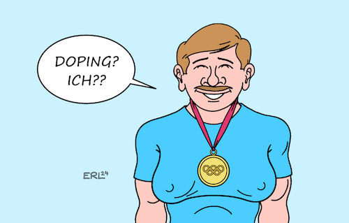 Cartoon: Doping (medium) by Erl tagged politik,sport,olympia,paris,olympische,spiele,höchstleistungen,verdacht,doping,sportler,sportlerin,medaille,goldmedaille,karikatur,erl,politik,sport,olympia,paris,olympische,spiele,höchstleistungen,verdacht,doping,sportler,sportlerin,medaille,goldmedaille,karikatur,erl