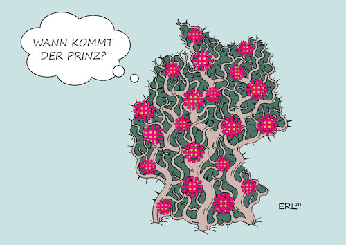 Cartoon: Dornröschenschlaf (medium) by Erl tagged politik,corona,virus,krise,coronavirus,coronakrise,deutschland,sozialkontakte,vermeidung,ausgangsbeschränkung,absage,veranstaltungen,sport,restaurants,geschäfte,wirtschaft,arbeit,stillstand,dornröschen,schlaf,dornröschenschlaf,dornenhecke,rosen,prinz,erlösung,märchen,karikatur,erl,politik,corona,virus,krise,coronavirus,coronakrise,deutschland,sozialkontakte,vermeidung,ausgangsbeschränkung,absage,veranstaltungen,sport,restaurants,geschäfte,wirtschaft,arbeit,stillstand,dornröschen,schlaf,dornröschenschlaf,dornenhecke,rosen,prinz,erlösung,märchen,karikatur,erl