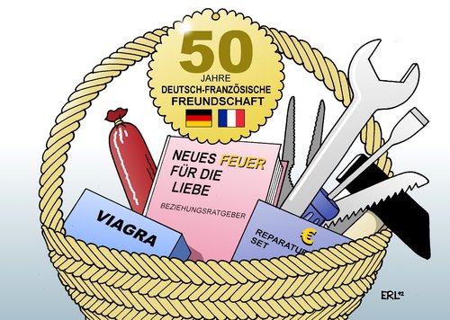 Cartoon: Dt.-Frz. Freundschaft (medium) by Erl tagged deutschland,frankreich,freundschaft,feinschaft,erbfeind,weltkrieg,adenauer,de,gaulle,merkel,hollande,geschenk,geschenkkorb,beziehung,schwung,liebe,euro,rettung,deutschland,frankreich,freundschaft,feinschaft,erbfeind,weltkrieg,adenauer,de,gaulle,merkel,hollande,geschenk,geschenkkorb,beziehung,schwung,liebe,euro,rettung