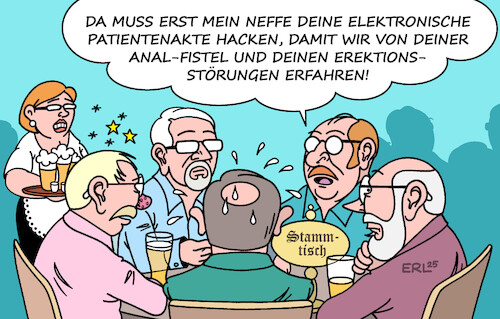 Cartoon: E-Patientenakte (medium) by Erl tagged politik,gesundheit,elektronische,patientenakte,mängel,sicherheit,daten,hacker,stammtisch,karikatur,erl,politik,gesundheit,elektronische,patientenakte,mängel,sicherheit,daten,hacker,stammtisch,karikatur,erl