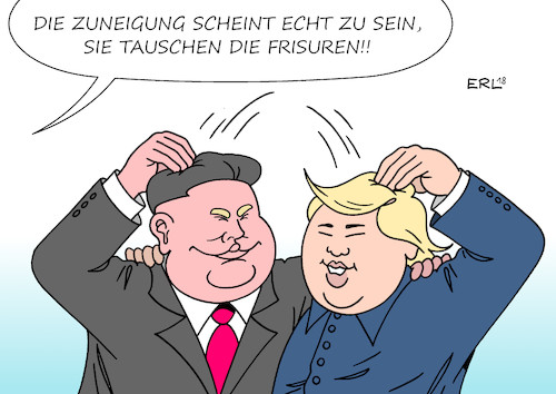 Cartoon: Echte Zuneigung (medium) by Erl tagged politik,gipfel,treffen,usa,präsident,donald,trump,nordkorea,diktator,kim,jong,un,vertrag,vereinbarung,harmonie,abrüstung,atomwaffen,sicherheit,garantie,frieden,wohlstand,zuneigung,echt,frisurentausch,trikottausch,sport,fußball,weltmeisterschaft,2018,karikatur,erl,politik,gipfel,treffen,usa,präsident,donald,trump,nordkorea,diktator,kim,jong,un,vertrag,vereinbarung,harmonie,abrüstung,atomwaffen,sicherheit,garantie,frieden,wohlstand,zuneigung,echt,frisurentausch,trikottausch,sport,fußball,weltmeisterschaft,2018,karikatur,erl