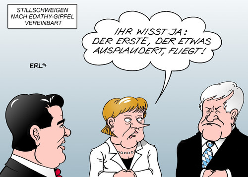 Cartoon: Edathy-Gipfel (medium) by Erl tagged regierung,regierungskoalition,große,koalition,cdu,csu,spd,fall,edathy,information,weitergabe,rücktritt,friedrich,plaudern,oppermann,rache,misstrauen,gipfel,stillschweigen,regierung,regierungskoalition,große,koalition,cdu,csu,spd,fall,edathy,information,weitergabe,rücktritt,friedrich,plaudern,oppermann,rache,misstrauen,gipfel,stillschweigen