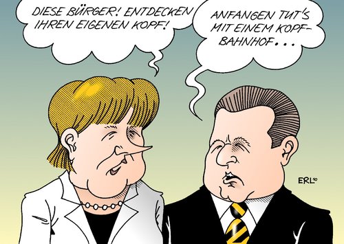 Cartoon: Eigener Kopf (medium) by Erl tagged merkel,mappus,politik,entfremdung,bürger,kopf,eigen,protest,bahnhof,stuttgart,21,kopfbahnhof,angela merkel,mappus,entfremdung,bürger,kopf,protest,bahnhof,stuttgart 21,kopfbahnhof,angela,merkel,stuttgart,21