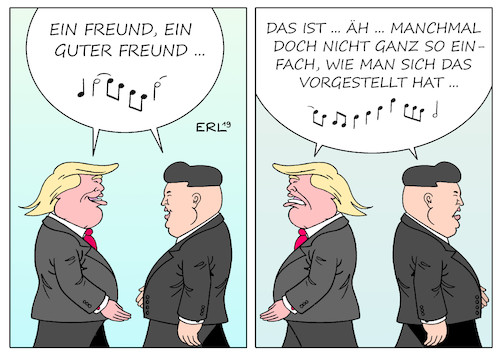 Cartoon: Ein Freund (medium) by Erl tagged politik,gipfel,treffen,usa,präsident,donald,trump,kim,jong,un,diktator,nordkorea,erwartungen,annäherung,beziehungen,vertiefung,frieden,atomwaffen,abrüstung,ende,abbruch,differenzen,schwierig,freund,schlager,lied,karikatur,erl,politik,gipfel,treffen,usa,präsident,donald,trump,kim,jong,un,diktator,nordkorea,erwartungen,annäherung,beziehungen,vertiefung,frieden,atomwaffen,abrüstung,ende,abbruch,differenzen,schwierig,freund,schlager,lied,karikatur,erl