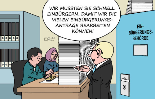 Cartoon: Einbürgerung (medium) by Erl tagged politik,migration,zuwanderung,einbürgerung,erleichterung,bundesregierung,ampel,behörden,überlastung,arbeitskräfte,mangel,karikatur,erl,politik,migration,zuwanderung,einbürgerung,erleichterung,bundesregierung,ampel,behörden,überlastung,arbeitskräfte,mangel,karikatur,erl