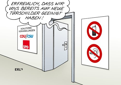 Cartoon: Einigung (medium) by Erl tagged wahl,bundestagswahl,regierung,regierungsbildung,koalition,koalitionsverhandlungen,cdu,csu,spd,schwarz,rot,große,nsa,spähaffäre,überwachung,abhören,bundeskanzlerin,angela,merkel,handy,daten,datenschutz,spionage,usa,schild,türschild,einigung,wahl,bundestagswahl,regierung,regierungsbildung,koalition,koalitionsverhandlungen,cdu,csu,spd,schwarz,rot,große,nsa,spähaffäre,überwachung,abhören,bundeskanzlerin,angela,merkel,handy,daten,datenschutz,spionage,usa,schild,türschild,einigung