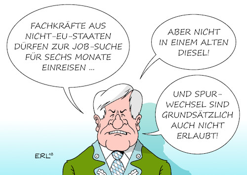 Cartoon: Einwanderung (medium) by Erl tagged politik,große,koalition,groko,cdu,csu,spd,einigung,regeln,zuwanderung,fachkräfte,fachkräftemangel,arbeit,suche,jobsuche,einreise,arbeitsplatz,spurwechsel,zuwanderungsrecht,asylrecht,innenminister,horst,seehofer,auto,diesel,dieselskandal,betrug,software,abgase,fahrverbot,städte,nachrüstung,hardware,autohersteller,autobauer,umtausch,prämie,kauf,neuwagen,karikatur,erl,politik,große,koalition,groko,cdu,csu,spd,einigung,regeln,zuwanderung,fachkräfte,fachkräftemangel,arbeit,suche,jobsuche,einreise,arbeitsplatz,spurwechsel,zuwanderungsrecht,asylrecht,innenminister,horst,seehofer,auto,diesel,dieselskandal,betrug,software,abgase,fahrverbot,städte,nachrüstung,hardware,autohersteller,autobauer,umtausch,prämie,kauf,neuwagen,karikatur,erl