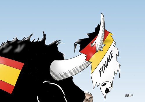 Cartoon: El Toro (medium) by Erl tagged fußball,wm,deutschland,spanien,halbfinale,finale,traum,geplatzt,stier,fußball,wm,deutschland,spanien,halbfinale,finale,traum,stier,niederlage,weltmeisterschaft,fifa,verlierer