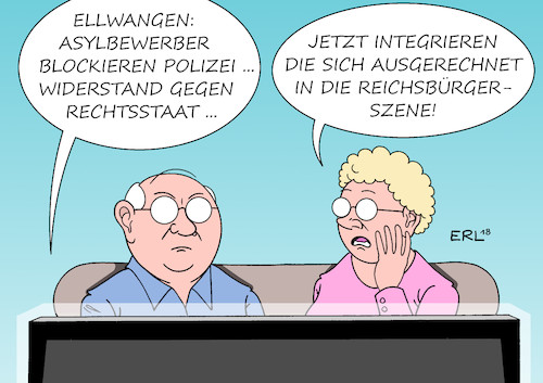 Cartoon: Ellwangen (medium) by Erl tagged politik,asylbewerber,unterkunft,sammellager,ellwangen,polizei,einsatz,ergreifung,abschiebung,widerstand,blackade,abbruch,razzia,erstürmung,rechtsstaat,recht,ordnung,ablehnung,vergleich,reichsbürger,mangel,integration,flüchtlinge,flüchtlingspolitik,innenpolitik,karikatur,erl,politik,asylbewerber,unterkunft,sammellager,ellwangen,polizei,einsatz,ergreifung,abschiebung,widerstand,blackade,abbruch,razzia,erstürmung,rechtsstaat,recht,ordnung,ablehnung,vergleich,reichsbürger,mangel,integration,flüchtlinge,flüchtlingspolitik,innenpolitik,karikatur,erl