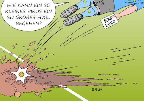 Cartoon: EM (medium) by Erl tagged politik,sport,fußball,corona,krise,virus,absage,em,2020,verlegung,2021,europameisterschaft,foul,karikatur,erl,politik,sport,fußball,corona,krise,virus,absage,em,2020,verlegung,2021,europameisterschaft,foul,karikatur,erl