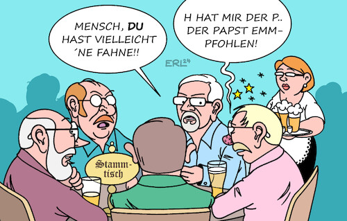 Cartoon: Empfehlung (medium) by Erl tagged politik,krieg,angriff,überfall,russland,wladimir,putin,ukraine,empfehlung,papst,franziskus,verhandlungen,weiße,fahne,frieden,stammtisch,alkoholfahne,betrunken,bier,karikatur,erl,politik,krieg,angriff,überfall,russland,wladimir,putin,ukraine,empfehlung,papst,franziskus,verhandlungen,weiße,fahne,frieden,stammtisch,alkoholfahne,betrunken,bier,karikatur,erl