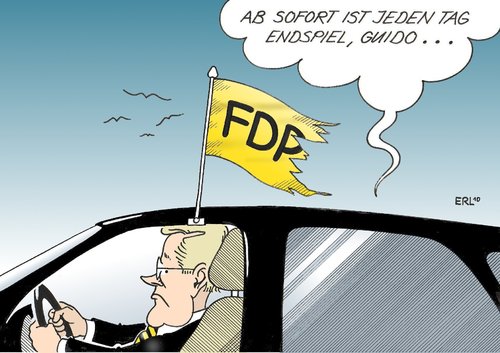 Cartoon: Endspiel (medium) by Erl tagged fdp,chef,westerwelle,kritik,chance,ultimatum,endspiel,flagge,auto,fdp,chef,guido westerwelle,kritik,chance,ultimatum,endspiel,flagge,auto,guido,westerwelle