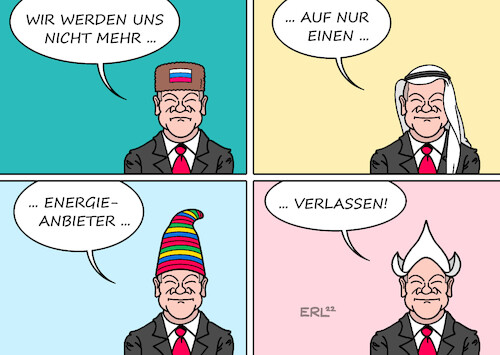 Cartoon: Energieanbieter (medium) by Erl tagged politik,krieg,angriff,überfall,russland,ukraine,gas,energie,knappheit,verteuerung,energieanbieter,alternativen,vereinigte,arabische,emirate,katar,norwegen,niederlande,bundeskanzler,olaf,scholz,verringerung,abhängigkeit,deutschland,karikatur,erl,politik,krieg,angriff,überfall,russland,ukraine,gas,energie,knappheit,verteuerung,energieanbieter,alternativen,vereinigte,arabische,emirate,katar,norwegen,niederlande,bundeskanzler,olaf,scholz,verringerung,abhängigkeit,deutschland,karikatur,erl