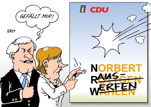 Cartoon: Entlassung Röttgen (medium) by Erl tagged röttgen,norbert,bundesumweltminister,entlassung,rücktritt,wahl,landtagswahl,nrw,nordrhein,westfalen,scheitern,fehler,konsequenzen,bundeskanzlerin,angela,merkel,ministerpräsident,bayern,horst,seehofer,kritik,röttgen,bundesumweltminister,entlassung,rücktritt,wahl,landtagswahl,nrw