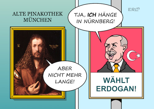 Cartoon: Erdogan in Nürnberg (medium) by Erl tagged politik,türkei,wahl,präsident,erdogan,wahlkampf,deutschland,plakate,nürnberg,protest,entfernung,demokratie,menschenrechte,meinungsfreiheit,albrecht,dürer,maler,selbstbildnis,alte,pinakothek,münchen,karikatur,erl,politik,türkei,wahl,präsident,erdogan,wahlkampf,deutschland,plakate,nürnberg,protest,entfernung,demokratie,menschenrechte,meinungsfreiheit,albrecht,dürer,maler,selbstbildnis,alte,pinakothek,münchen,karikatur,erl