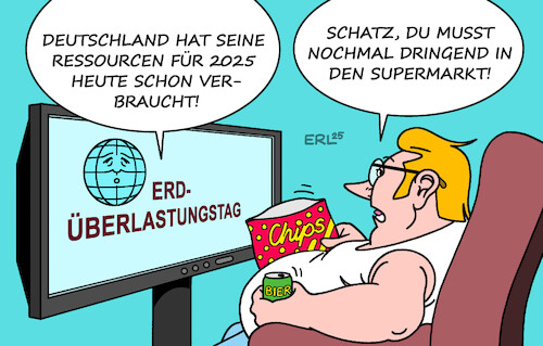 Cartoon: Erdüberlastungstag (medium) by Erl tagged politik,umwelt,erdüberlastungstag,deutschland,ressourcen,verbrauch,2025,mai,bier,chips,supermarkt,karikatur,erl,politik,umwelt,erdüberlastungstag,deutschland,ressourcen,verbrauch,2025,mai,bier,chips,supermarkt,karikatur,erl