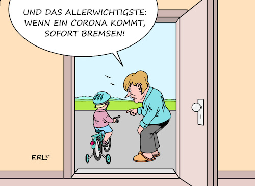 Cartoon: Erster Ausflug (medium) by Erl tagged politik,corona,virus,pandemie,covid19,lockdown,lockerung,öffnung,notbremse,bremse,bundeskanzlerin,angela,merkel,mutti,kind,fahrrad,ausflug,ermahnung,karikatur,erl,politik,corona,virus,pandemie,covid19,lockdown,lockerung,öffnung,notbremse,bremse,bundeskanzlerin,angela,merkel,mutti,kind,fahrrad,ausflug,ermahnung,karikatur,erl