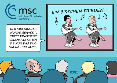 Cartoon: ESC statt MSC (medium) by Erl tagged politik,münchner,sicherheitskonferenz,munich,security,conference,msc,krieg,wladimir,putin,russland,ukraine,hilfe,waffen,panzer,alice,schwarzer,sahra,wagenknecht,manifest,für,den,frieden,esc,eurovision,songcontest,nicole,ein,bisschen,olaf,scholz,karikatur,erl,politik,münchner,sicherheitskonferenz,munich,security,conference,msc,krieg,wladimir,putin,russland,ukraine,hilfe,waffen,panzer,alice,schwarzer,sahra,wagenknecht,manifest,für,den,frieden,esc,eurovision,songcontest,nicole,ein,bisschen,olaf,scholz,karikatur,erl