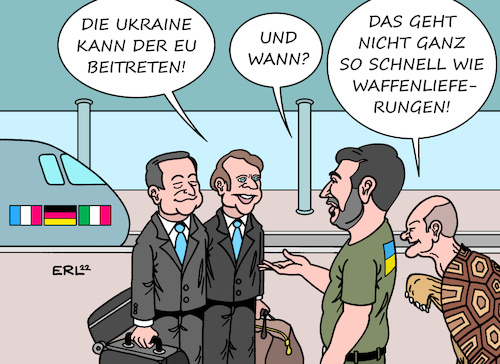 Cartoon: EU-Beitritt (medium) by Erl tagged politik,krieg,angriff,überfall,russland,ukraine,solidarität,besuch,macron,draghi,frankreich,italien,deutschland,bundeskanzler,olaf,scholz,schildkröte,zaudern,langsamkeit,eu,beitritt,waffenlieferungen,präsident,selenskyj,zug,bahnhof,karikatur,erl,politik,krieg,angriff,überfall,russland,ukraine,solidarität,besuch,macron,draghi,frankreich,italien,deutschland,bundeskanzler,olaf,scholz,schildkröte,zaudern,langsamkeit,eu,beitritt,waffenlieferungen,präsident,selenskyj,zug,bahnhof,karikatur,erl