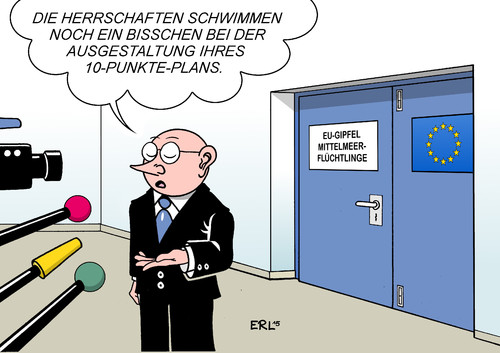 Cartoon: EU-Flüchtlingsgipfel (medium) by Erl tagged flüchtlinge,mittelmeer,boot,ertrinken,tod,schleuser,hilfe,eu,zehn,punkte,plan,ausgestaltung,schwimmen,gipfel,karikatur,erl,flüchtlinge,mittelmeer,boot,ertrinken,tod,schleuser,hilfe,eu,zehn,punkte,plan,ausgestaltung,schwimmen,gipfel