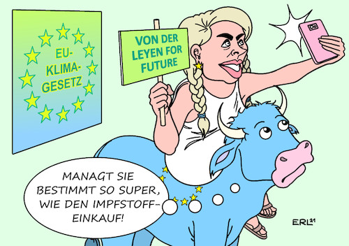 Cartoon: EU-Klimagesetz (medium) by Erl tagged politik,eu,europäische,union,klimagesetz,reduktion,emission,co2,treibhausgase,2030,55,prozent,kommissionspräsidentin,ursula,von,der,leyen,versagen,impfstoff,einkauf,verträge,corona,virus,pandemie,covid19,europa,stier,erderwärmung,klimawandel,klima,karikatur,erl,politik,eu,europäische,union,klimagesetz,reduktion,emission,co2,treibhausgase,2030,55,prozent,kommissionspräsidentin,ursula,von,der,leyen,versagen,impfstoff,einkauf,verträge,corona,virus,pandemie,covid19,europa,stier,erderwärmung,klimawandel,klima,karikatur,erl