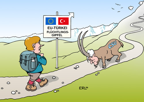 Cartoon: EU-Türkei-Gipfel (medium) by Erl tagged flüchtlinge,europa,eu,türkei,gipfel,bundeskanzlerin,angela,merkel,lösung,europäisch,kritik,widerstand,csu,horst,seehofer,steinbock,gebirge,berge,karikatur,erl,flüchtlinge,europa,eu,türkei,gipfel,bundeskanzlerin,angela,merkel,lösung,europäisch,kritik,widerstand,csu,horst,seehofer,steinbock,gebirge,berge,karikatur,erl