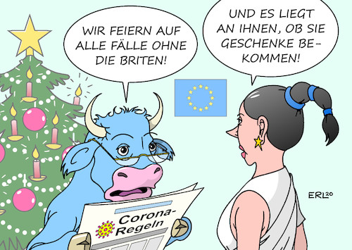 Cartoon: EU-Weihnacht (medium) by Erl tagged politik,corona,virus,pandemie,covid19,weihnachten,lockerungen,verschärfungen,lockdown,kontakte,beschränkung,feiern,besuch,familie,eu,brexit,austritt,großbritannien,verhandlungen,handelsabkommen,zugeständnisse,geschenke,europa,stier,weihnachtsbaum,christbaum,karikatur,erl,politik,corona,virus,pandemie,covid19,weihnachten,lockerungen,verschärfungen,lockdown,kontakte,beschränkung,feiern,besuch,familie,eu,brexit,austritt,großbritannien,verhandlungen,handelsabkommen,zugeständnisse,geschenke,europa,stier,weihnachtsbaum,christbaum,karikatur,erl