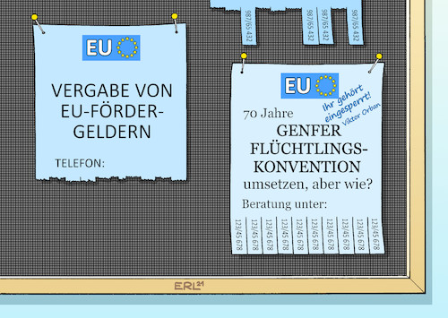 Cartoon: EU - schwarzes Brett (medium) by Erl tagged politik,flüchtlinge,geflüchtete,70,jahre,genfer,flüchtlingskonvention,schutz,asyl,verfolgung,asylrecht,eu,abbau,missachtung,festung,europa,frontex,zurückdrängen,mittelmeer,abweisen,grenze,schwarzes,brett,fördergelder,viktor,orban,ungarn,karikatur,erl,politik,flüchtlinge,geflüchtete,70,jahre,genfer,flüchtlingskonvention,schutz,asyl,verfolgung,asylrecht,eu,abbau,missachtung,festung,europa,frontex,zurückdrängen,mittelmeer,abweisen,grenze,schwarzes,brett,fördergelder,viktor,orban,ungarn,karikatur,erl