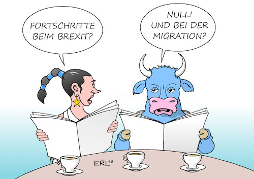 Cartoon: EU Brexit Migration (medium) by Erl tagged politik,eu,treffen,salzburg,brexit,migration,fortschritt,null,europa,stier,karikatur,erl,politik,eu,treffen,salzburg,brexit,migration,fortschritt,null,europa,stier,karikatur,erl