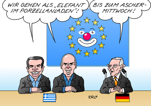 Cartoon: EU Karneval (medium) by Erl tagged eu,eurogruppe,finanzminister,beratung,griechenland,tsipras,varoufakis,schäuble,karneval,kostüm,elefant,im,porzellanladen,aschermittwoch,schulden,sparkurs,kredit,hilfe,troika,geld,finanzen,wirtschaft,karikatur,erl,eu,eurogruppe,finanzminister,beratung,griechenland,tsipras,varoufakis,schäuble,karneval,kostüm,elefant,im,porzellanladen,aschermittwoch,schulden,sparkurs,kredit,hilfe,troika,geld,finanzen,wirtschaft