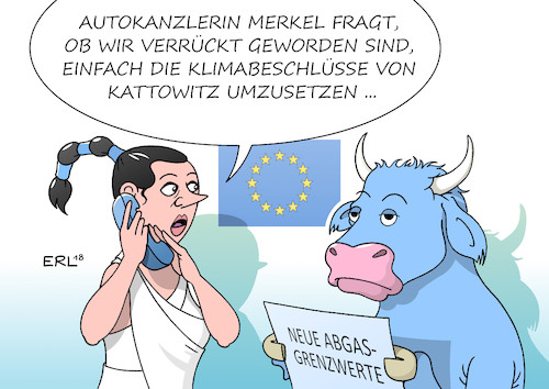 Cartoon: EU Klimaschutz (medium) by Erl tagged politik,wirtschaft,industrie,umwelt,ökonomie,ökologie,eu,klimaschutz,grenzwerte,co2,abgase,auto,neuwagen,verschärfung,protest,autobauer,autoindustrie,drohung,gefahr,arbeitsplätze,abbau,jobs,jobverlust,dieselskandal,betrug,software,klimagipfel,kattowitz,beschlüsse,umsetzung,europa,stier,karikatur,erl,politik,wirtschaft,industrie,umwelt,ökonomie,ökologie,eu,klimaschutz,grenzwerte,co2,abgase,auto,neuwagen,verschärfung,protest,autobauer,autoindustrie,drohung,gefahr,arbeitsplätze,abbau,jobs,jobverlust,dieselskandal,betrug,software,klimagipfel,kattowitz,beschlüsse,umsetzung,europa,stier,karikatur,erl